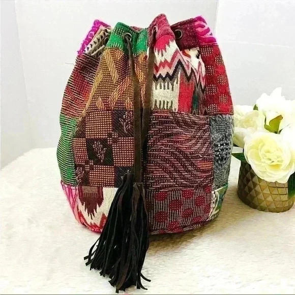 Handcrafted Patchwork Bucket Boho Hobo Drawstring Tassel Backpack Bag - Picture 1 of 11